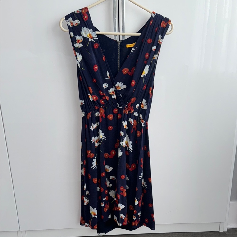 Alice + Olivia Blue and Red Sleeveless V-Neck Midi Dress